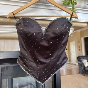 90s Y2K Black Satin beaded Corset Bustier V Waist Lace up Costume Pop Star